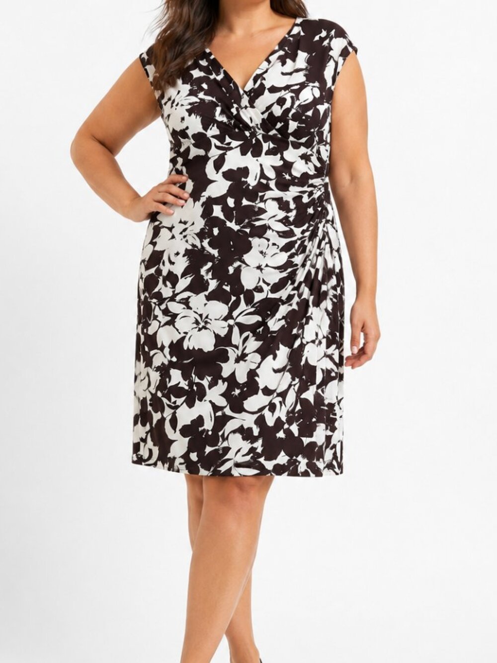 Lauren Ralph Lauren Jersey Knit Brown and White Floral Ruched Sheath Dress (14)